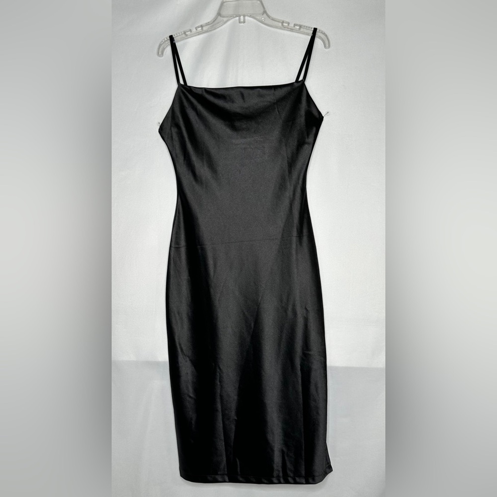 Xxxiticat Black Shiny Slip Dress Adj Straps Side Slit Hidden Zip Witchy Goth SzS